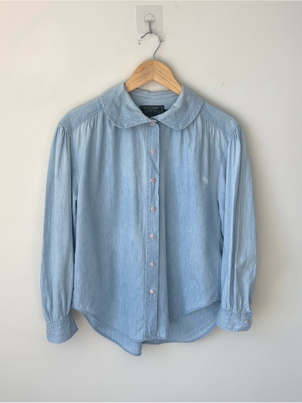 Vintage Ralph Lauren Country Peter Pan Collar Blue Chambray Blouse Shirt Size 8